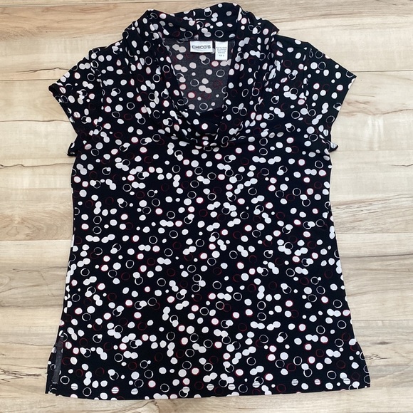 Chico’s Womens Size 2 (L) Black Blouse With Droopy Neckline. Polka Dots - Picture 8 of 12